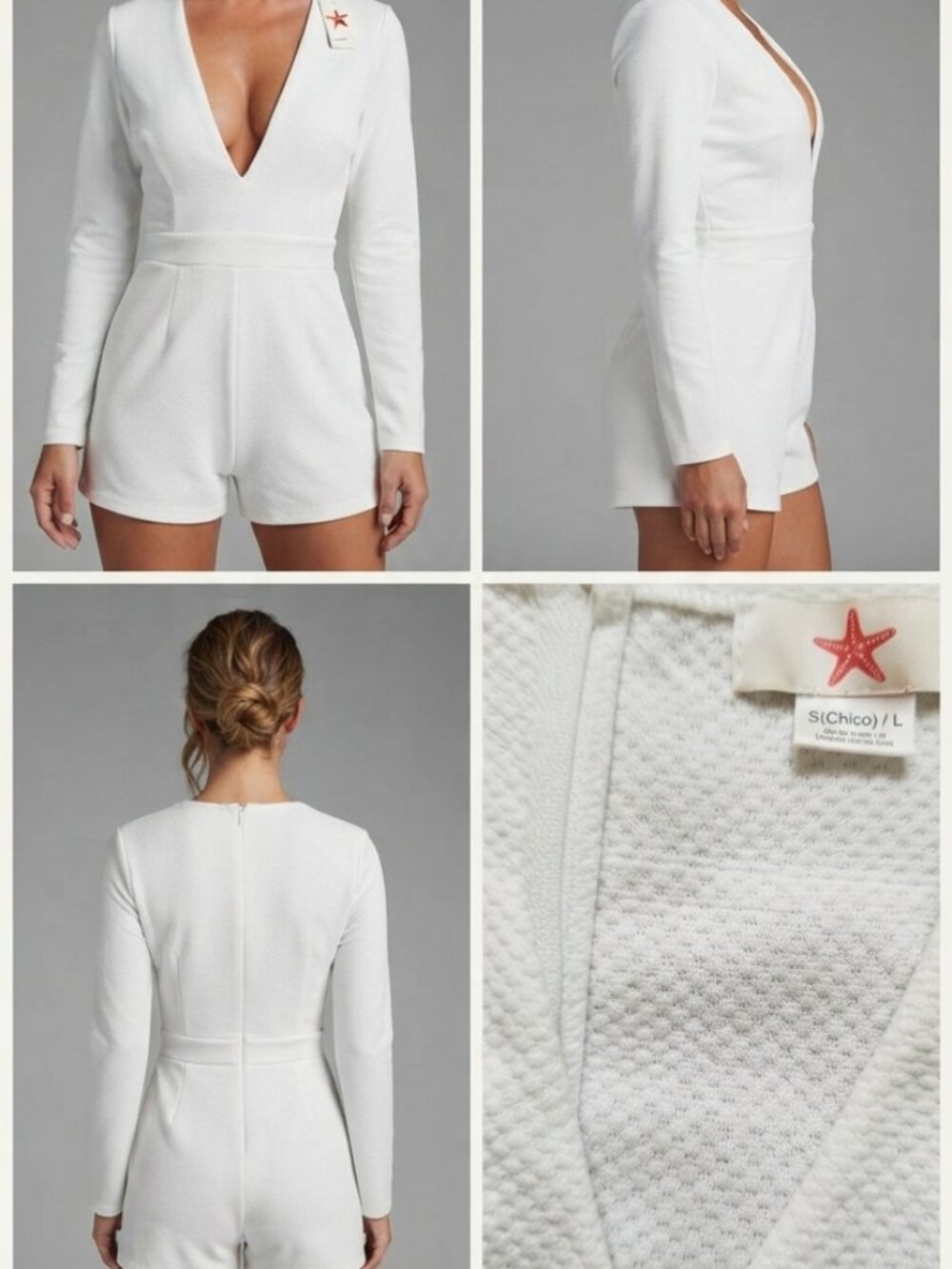 White Textured Deep V-Neck Long Sleeve Romper NWT - S/LDooney & Bourke Gretta